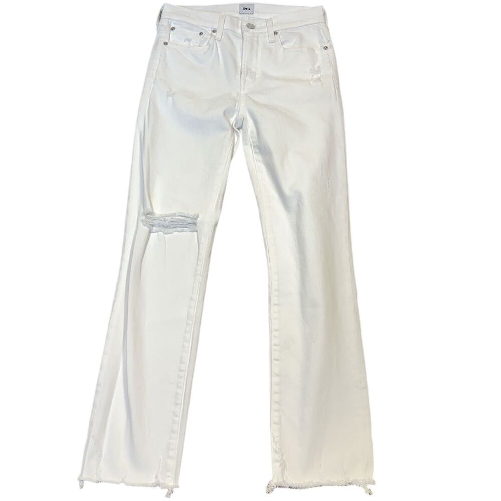 EDWIN Jeans Women 26 White Distressed Ripped Knee Frayed Hem Mid Rise Straight